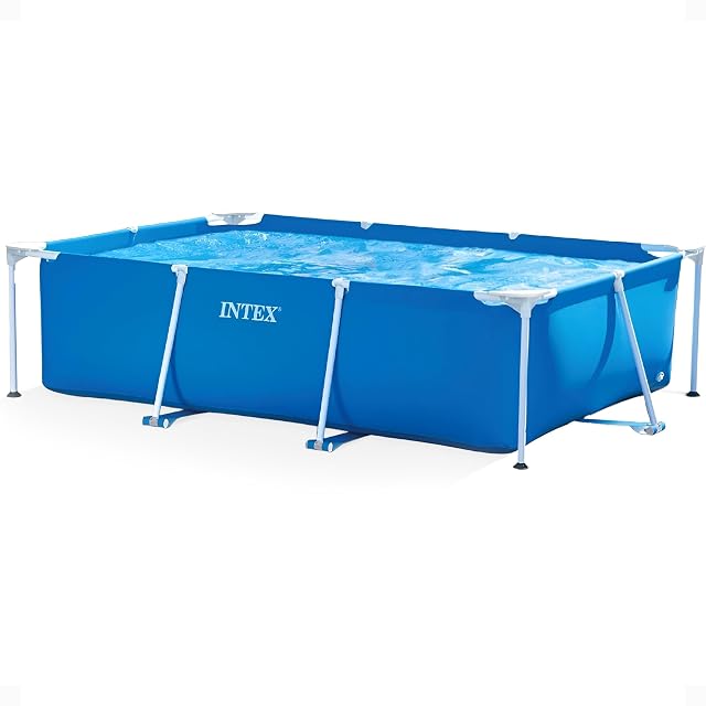 Vasca rettangolare blu Intex Metal Frame su un’armatura in tubi d’acciaio zincato, 300 per 200 cm e 75 cm d’altezza