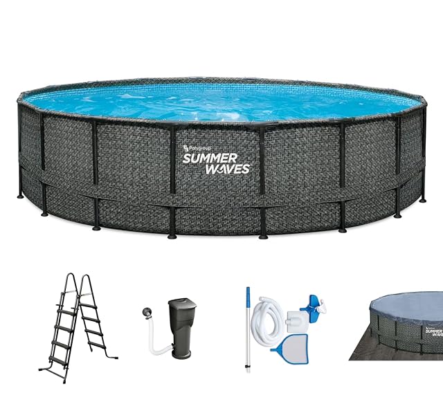 Grande vasca tubolare rotonda Summer Waves in effetto rattan grigio, 549 cm di diametro e 132 cm di profondità, con una scala