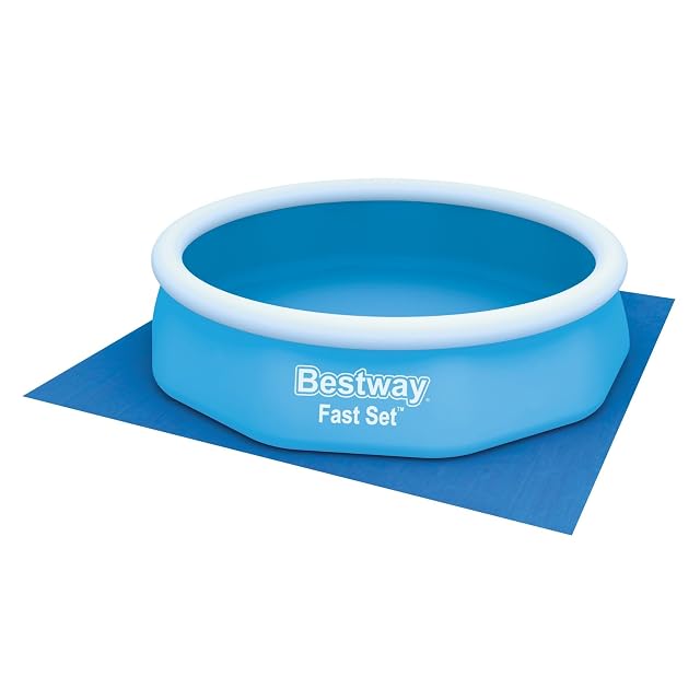 Telo da fondo quadrato in polietilene Bestway blu, di trecentotrentacinque centimetri di lato, steso in piano