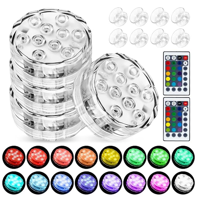 Quattro lampade subacquee mizikuu a LED RGB, con i loro magneti e le loro ventose