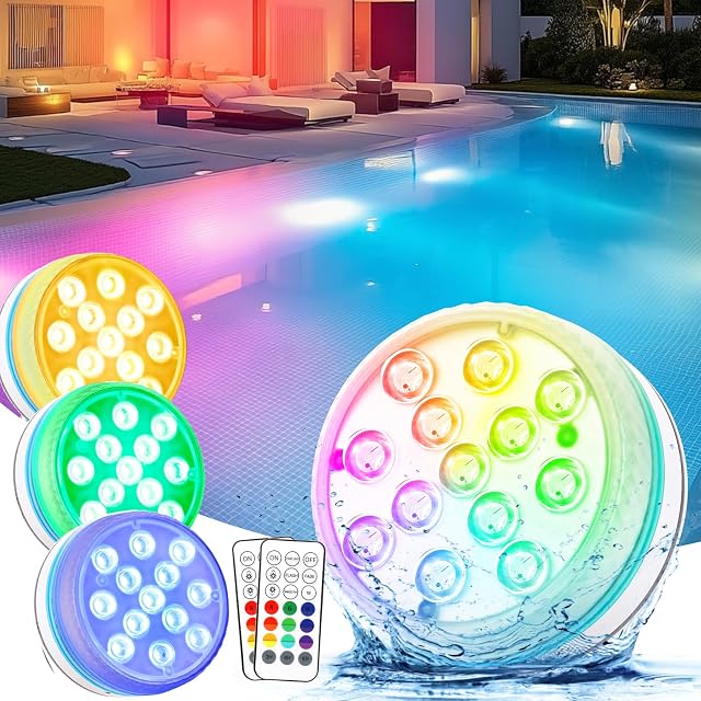 Lampade da piscina subacquee Vankarr con le loro piastre di fissaggio e un telecomando RF