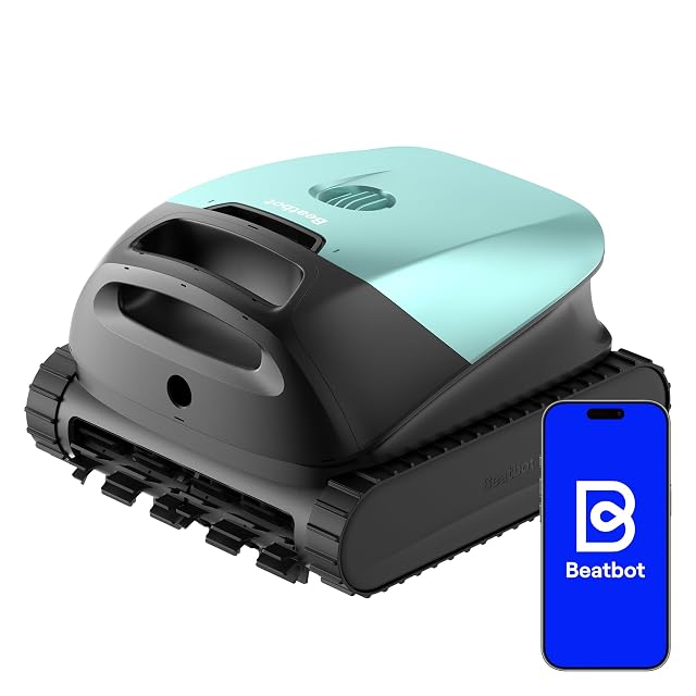 Robot da piscina Beatbot Sora 10 verde menta, mentre pulisce la linea d’acqua di una vasca