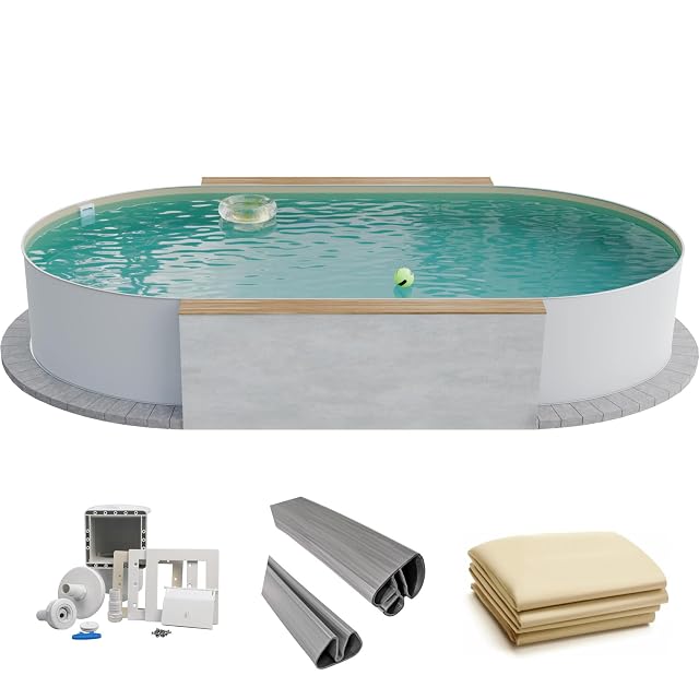 Grande vasca ovale Fresh-Pool a parete d’acciaio bianca da 525 per 320 centimetri, con liner color sabbia