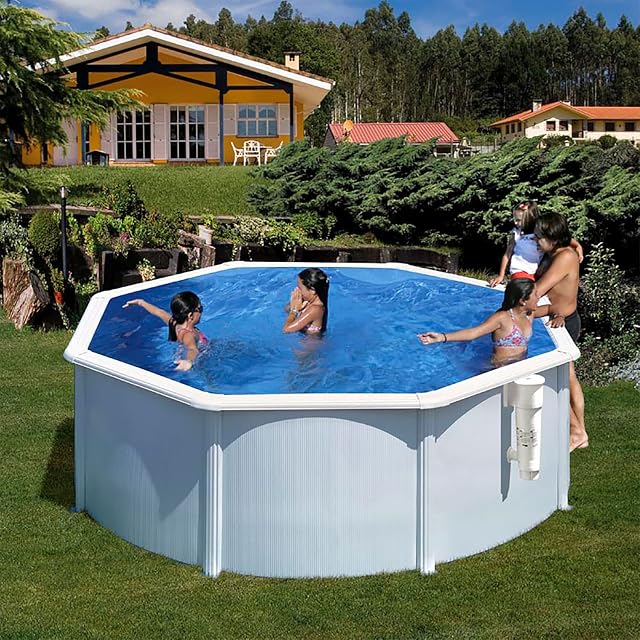 Vasca a parete d’acciaio bianca Paradies Pool Gre GIANT da 460 cm di diametro, con corrimano largo e liner blu