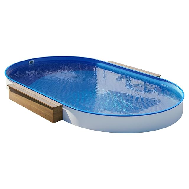 Vasca ovale a parete d’acciaio POOL Total da 4,50 per 2,50 metri, con corrimano in plastica e liner blu