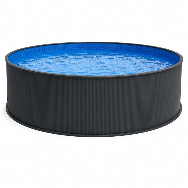 Grande vasca a parete d’acciaio antracite poolomio da 550 cm di diametro e 120 cm di profondità con liner blu appeso