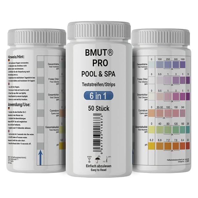 Strisce reattive 6 in 1 BMUT per vasca e spa in barattolo, con scala cromatica sul flacone