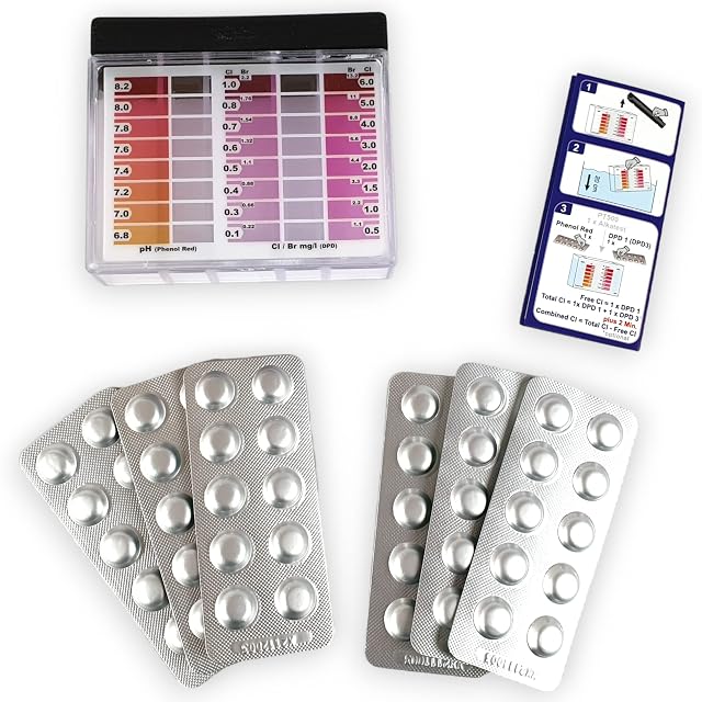 Kit tester per piscina Wiesel Tuning con scala colorimetrica, scatola di custodia e pastiglie di prova rapida in blister